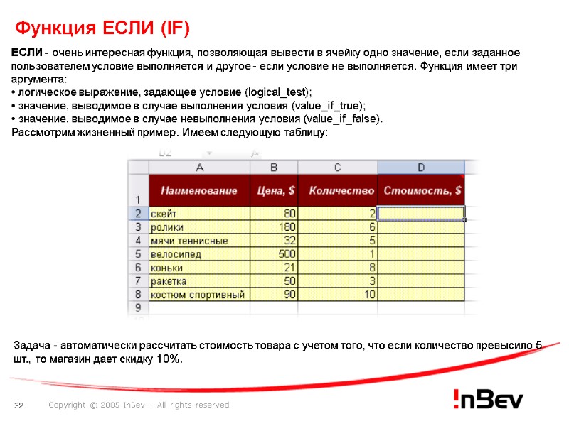 Функция ЕСЛИ (IF) ЕСЛИ - очень интересная функция, позволяющая вывести в ячейку одно значение,